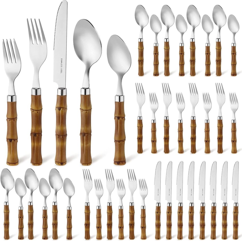 40 Pcs Bamboo Flatware Set for 8 Bamboo Utensils Bamboo Cutlery Bamboo Silver...