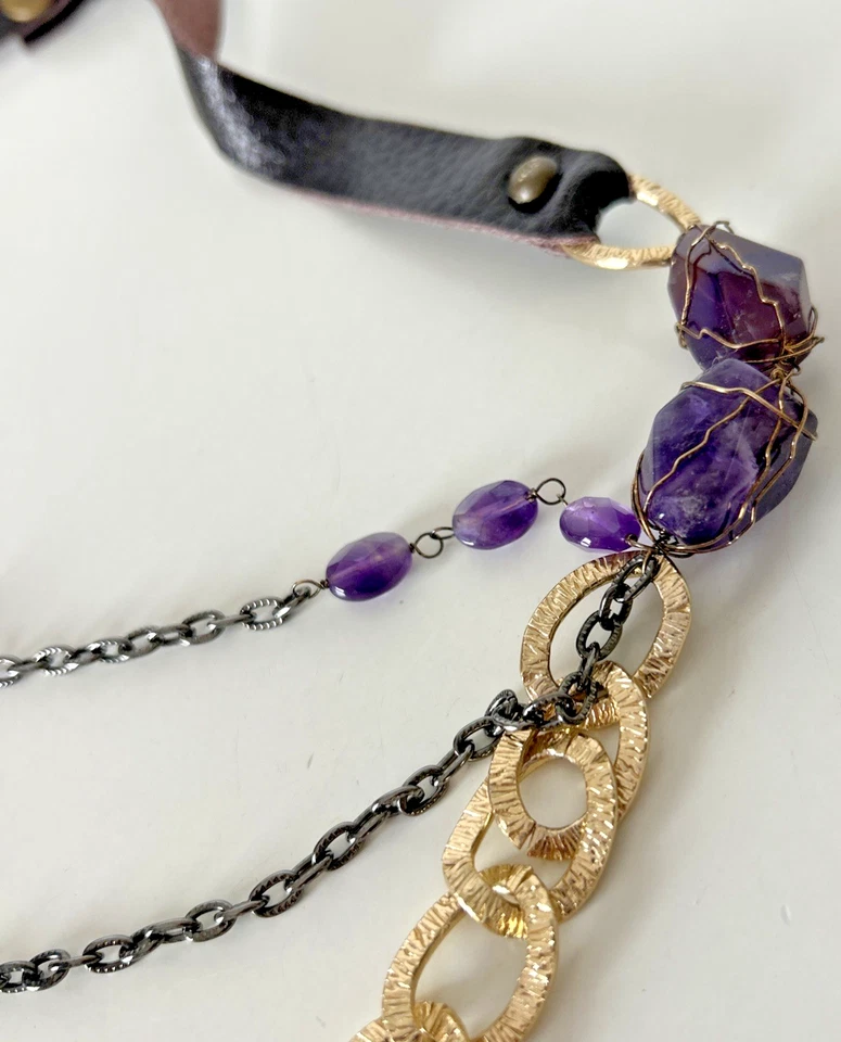 Wire Wrapped Amethyst Chain Leather Necklace Brutalist 29” - Image 3 of 4