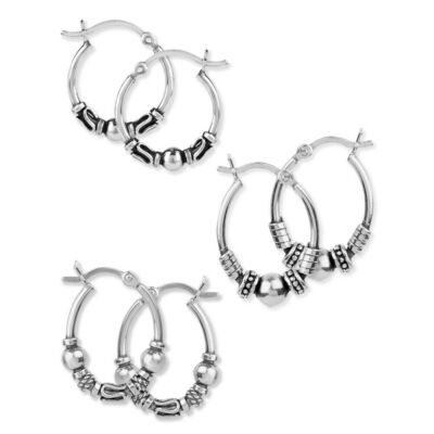 LeCalla Sterling Silver Set of 3 Pair Light Weight Balinese Hoop Teen Earrings
