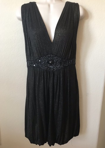 Robe femme noire dorée scintillante perles bulles plongeantes sans manches froncées taille M - Photo 1/3