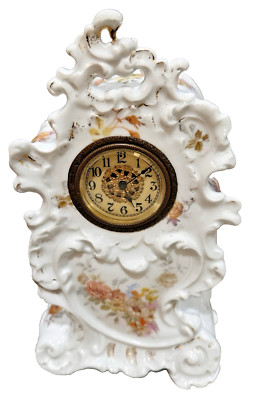 Antique Mantel Clock 19th C Rococo Style Porcelain WindUp Floral Gold Gilt 9.5''T