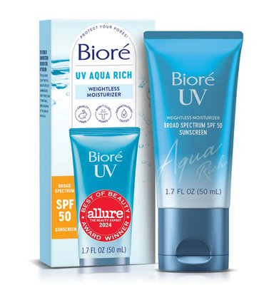 Biore UV Aqua Rich Daily Hydrating Facial Moisturizer Sunscreen, SPF 50, 2 pack