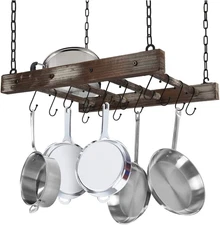 Hanging Pot Rack Pan Ceiling Wall Mounted Hanger Multi- Purpose Rustic Wood and 