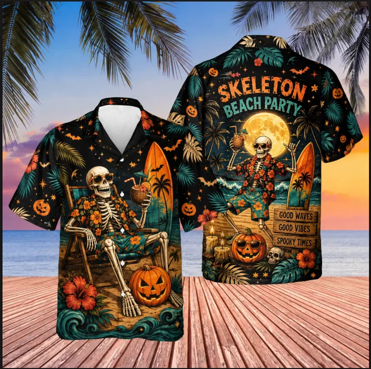 Skeleton Beach Party Hawaiian Shirt Surfing Pumpkin Full Moon Aloha Shirt S-5XL