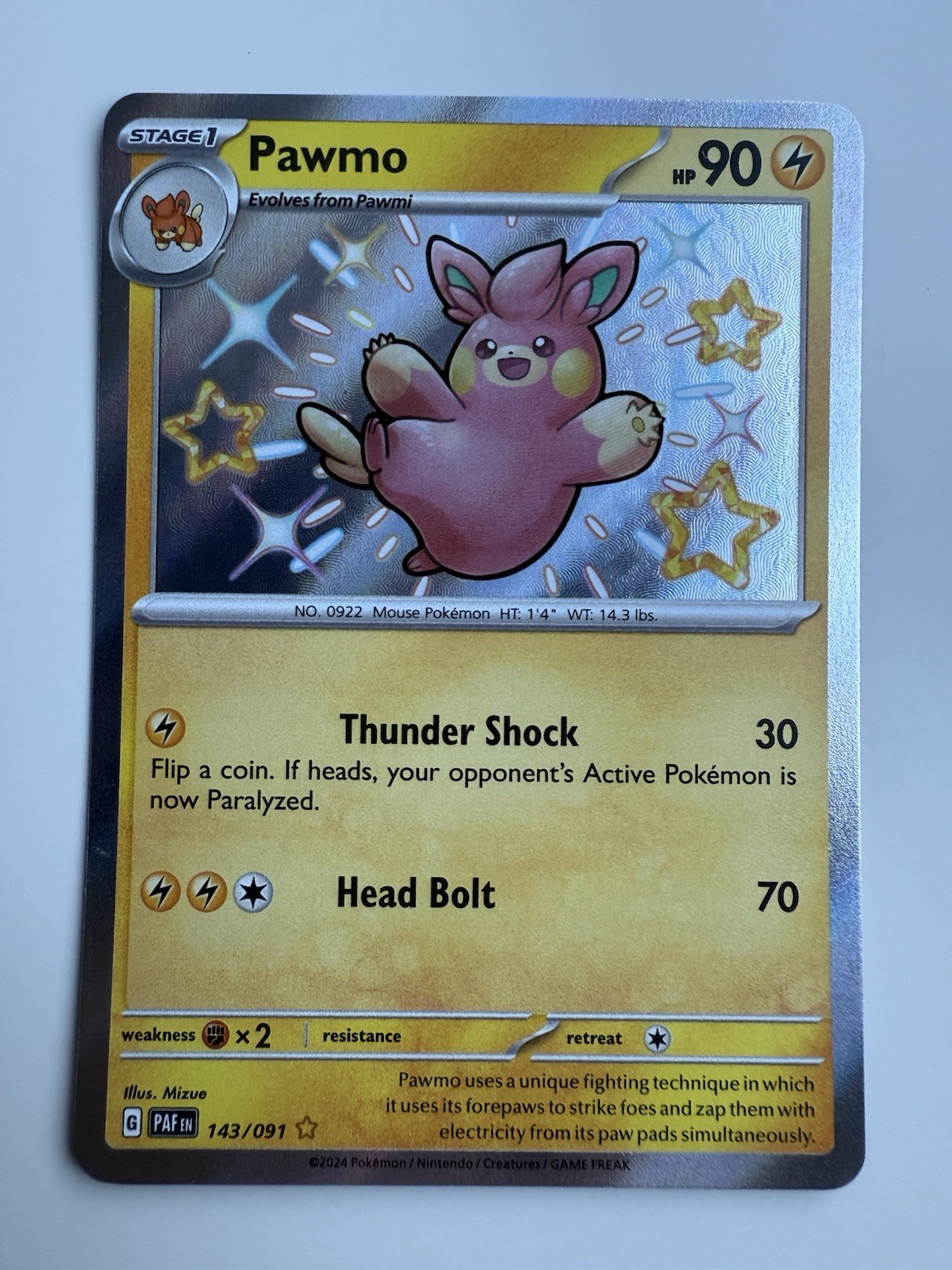 Pawmo - 143/091 - Pokemon Paldean Fates Shiny Rare Card NM