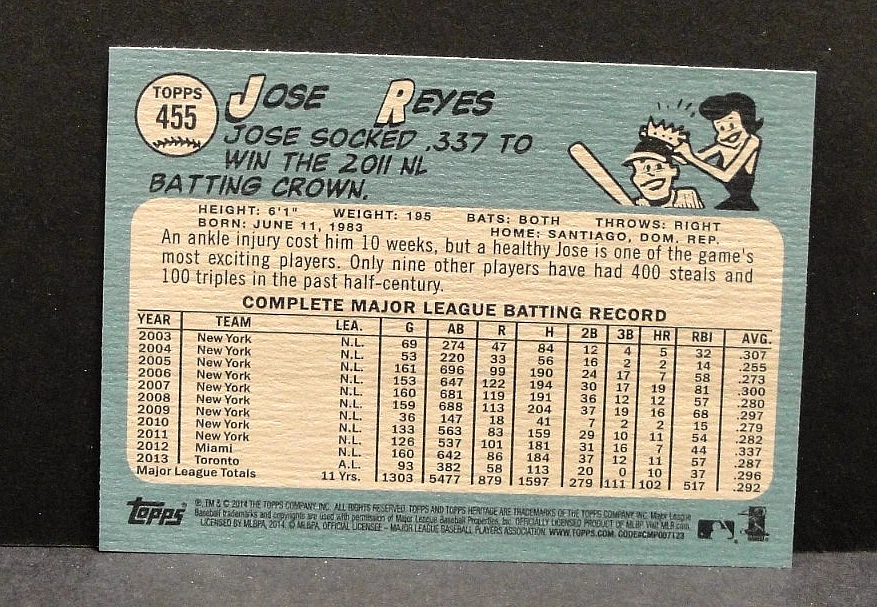 2014 Topps Heritage Baseball #455 Jose Reyes Toronto Blue Jays Short Print NM - Image 2 of 2