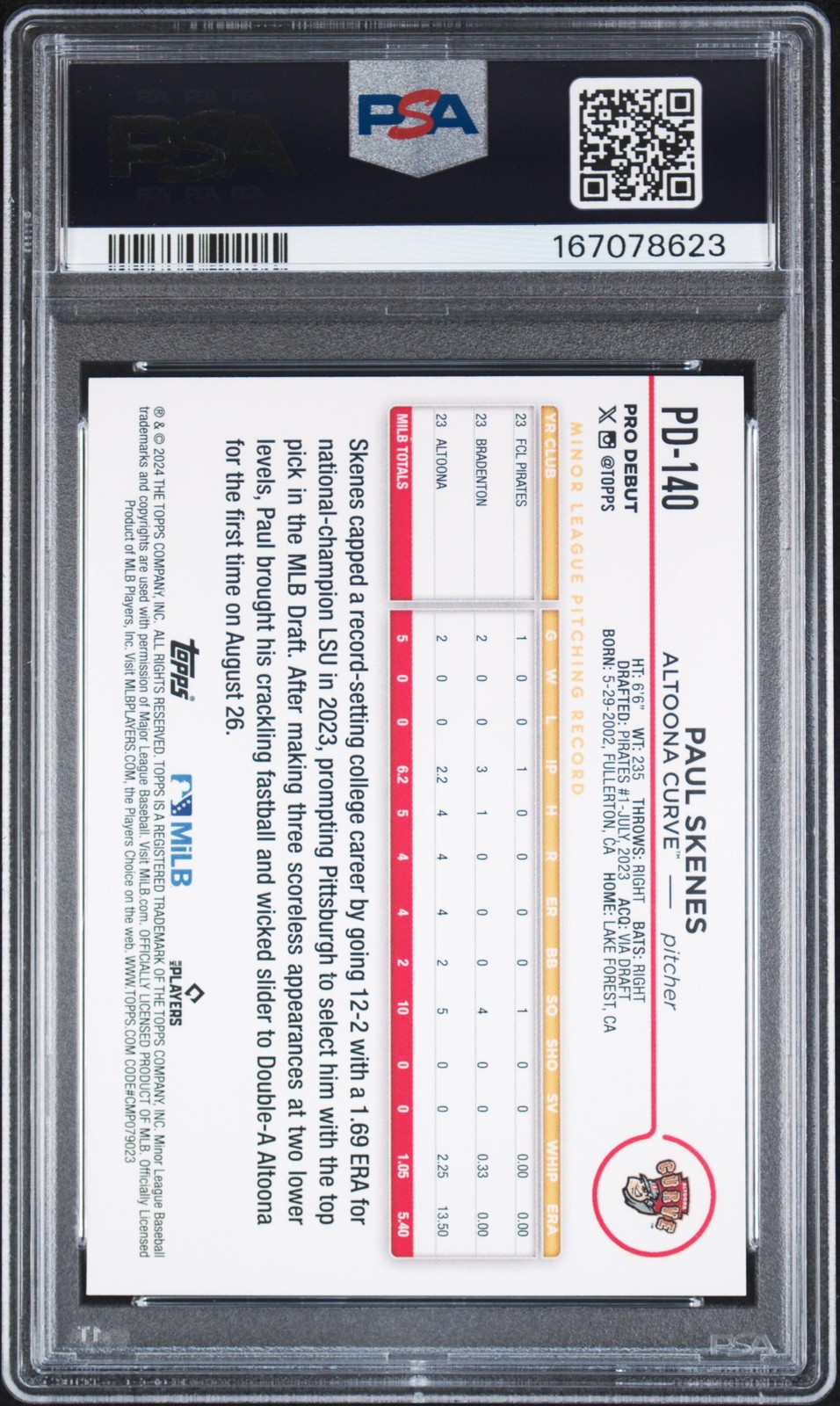 167078623 Paul Skenes 2024 Topps Pro Debut #PD-140 Rookie RC PSA 9 view 2