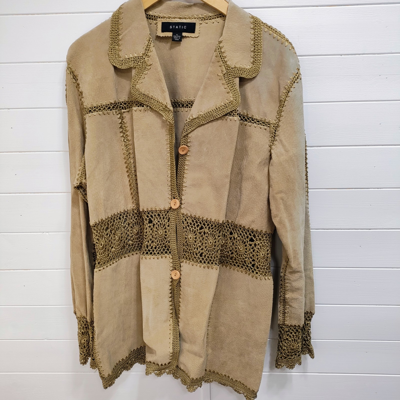 Vtg Static Suede Crochet Patchwork Jacket XL Tan … - image 1