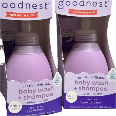 GOODNEST (3) Baby Wash + Shampoo CALM LAVENDER Reusable Silicone Bottle & Tablet