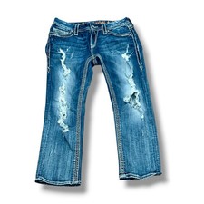 RockRevival Women?s Blue Low Rise Jeans Rhinestones Ellie Capri Size 29