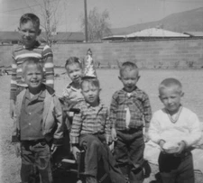 1960 TORN BACK Boys Birthday Party Hat Group Portrait Childhood Friends Smiling