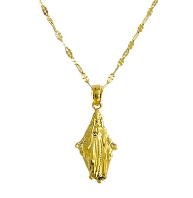 14K massives Gold Jungfrau Maria Wunder Anhänger Halskette - 20'' Spiegel Kette - PT1487