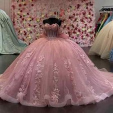 Glitter Pink Quinceanera Dresses Tulle Appliques Backless Bow Sweet 15 16 Dress
