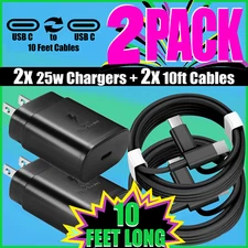 2 PACK 25w USB-C Fast Wall Charger+10FT Cable For Samsung Galaxy S21 S22 S23 S24
