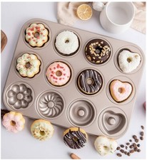 12 Hole DOUGHNUT MOULD Cake Biscuit BAKING TIN Tray Non Stick Carbon Steel NEW