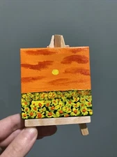 Landscape,sunset,flowers,field,Miniature, Mini painting on canvas original 3/3