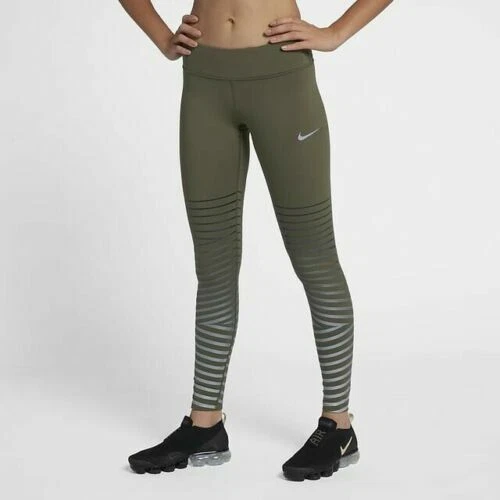 WOMENS NIKE EPIC LUX FLASH RUNNING TIGHTS SIZE L (856680 395) KHAKI/ SILVER