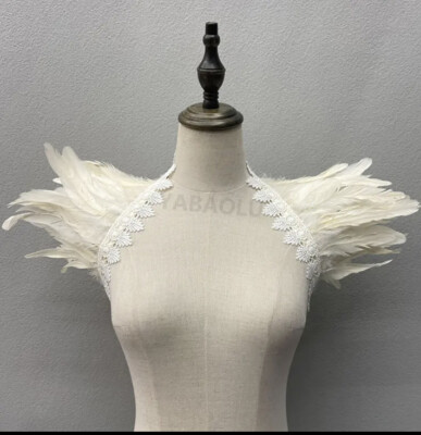 Natural Bleached Beige Feather Lace Shawl Wrap Cape Collar Ribbon Costume Boho
