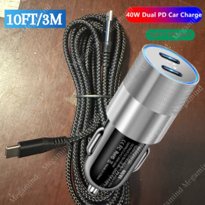 Dual Type C Fast 40W Car Charger Adapter USB C Cable For iPhone 15 16Pro Samsung