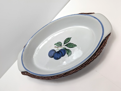 #ad 12quot; Long Ceramic Plum Serving Dish In Wicker Basket Vintage $12.00