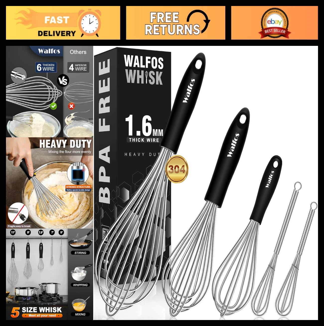 Stainless Steel Whisk Set - 7" & 5" Mini Whisks for Blending, Beating, Frothing