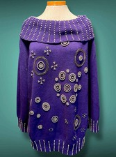 Vintage 1980  s Purple Oversized Boat Neck Sweater with Gold Bead Detail Design