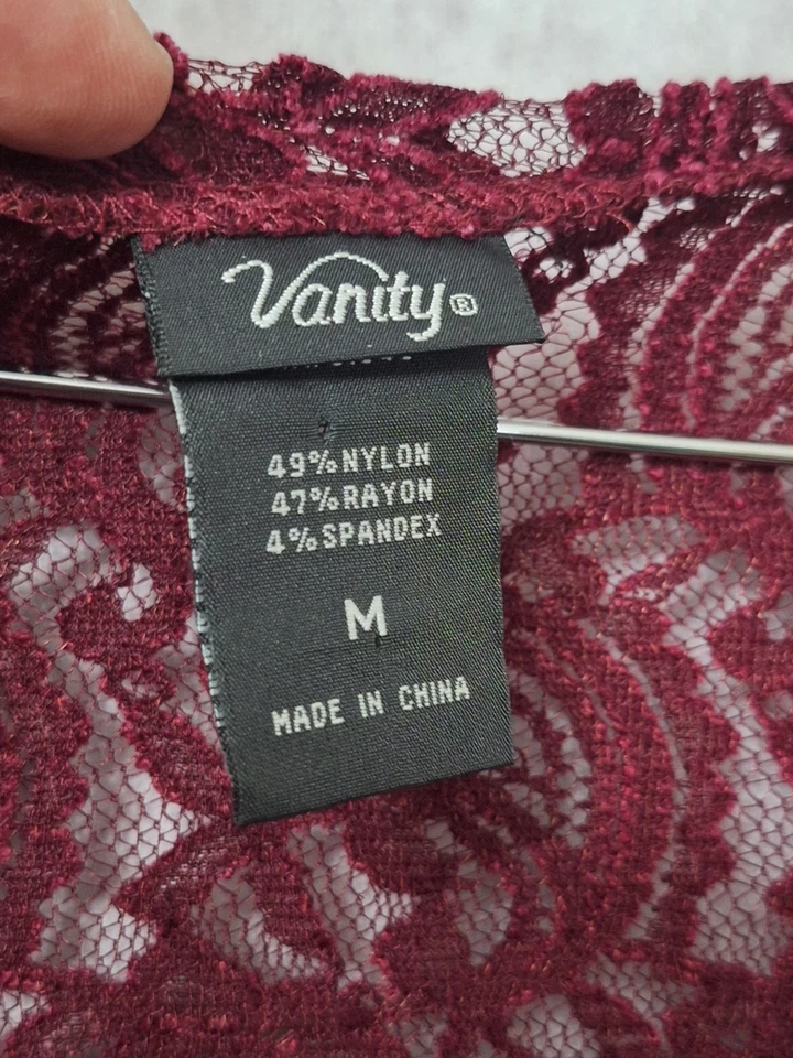 Top Henley de encaje Vanity Y2K para mujer mediano borgoña cachemir transparente delicado grunge Foto 3 de 4