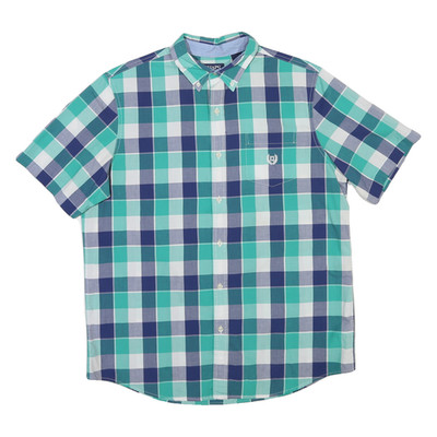 CHAPS Herren Kurzarm Hemd Karo Blau Grün Baumwoll-Mix Regular Fit L