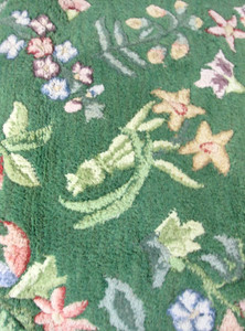 Vintage 90s Green Wool Throw Rug Floral Garden Hand Tufted 43 x 37 Cottagecore