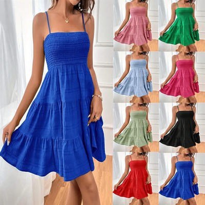 Damen Sommerkleid Blau Spaghettiträger Smock Mini Kleid Rüschen Strand Urlaub