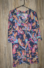 Lands' End 3/4 Slv Dress Cover Up V-Neck Navy Blue Paisley Sz Small 4-6 Nylon