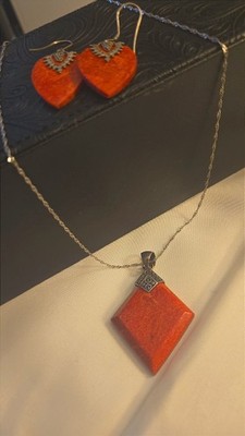 Sterling Silver 925 Red Coral Teardrop Necklace Earrings Native boho old Vintage