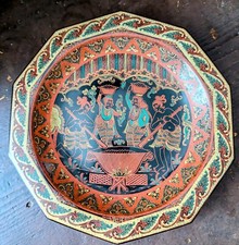 Antique Burmese Lacquer Octagonal Footed Dish Bamboo Oriental Art Red Green