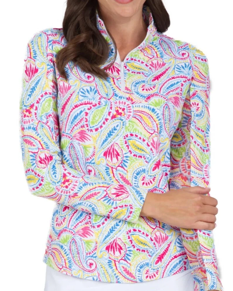NWT Ladies IBKUL MASSIE WATERMELON MULTI Long Sleeve Mock Golf Shirt XS S M L XL
