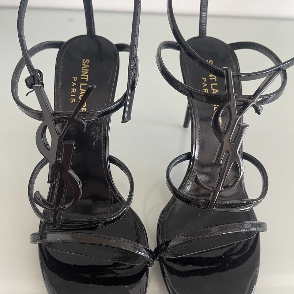 SAINT LAURENT "Cassandra" YSL monogram patent leather stiletto sandals 35.5EU - image 2 of 4