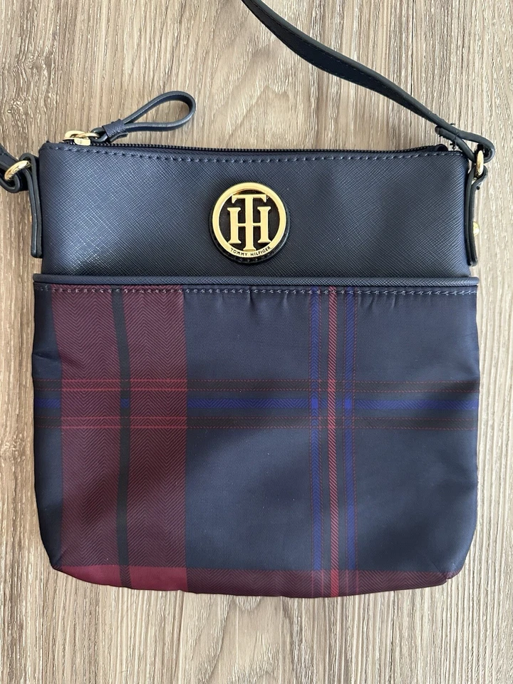 Tommy Hilfiger Navy Blue & Maroon Plaid Crossbody Bag - Image 2 of 4