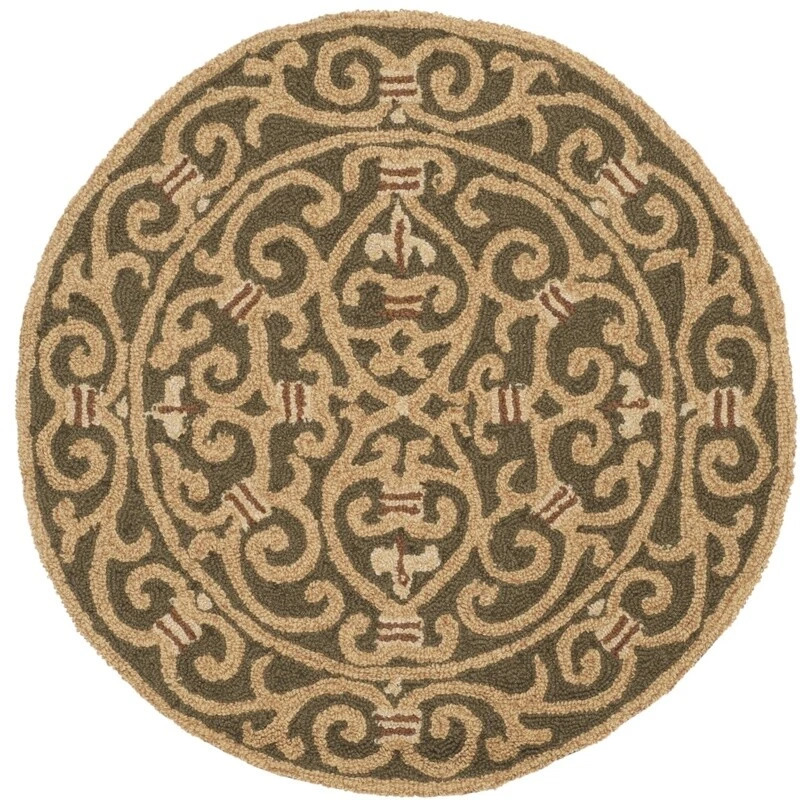 Wool Area Rug Indoor Round 3ft Hand Hooked Geometric Border Transitional Style - Image 2 of 4