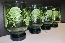 4 Libbey Green Glass Floral Vintage Tumblers 4.75"
