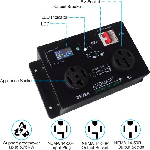 NEMA 14-30 Tesla Dryer outlet splitter for EV Charging charger auto switch 24Amp - Bild 2 von 6