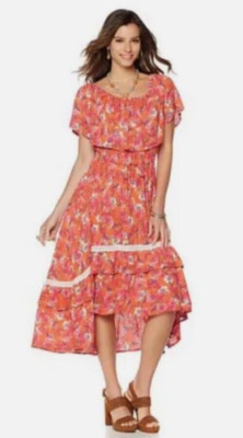 Curations Caravan Orange Floral Off the Shoulder Summer Dress Size Small Boho