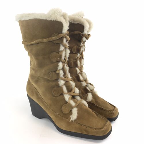 Aerosoles UK8 Ladies Brown Leather Suede Ankle Lace Up Wedge Loafers Fur Boots - Afbeelding 1 van 12