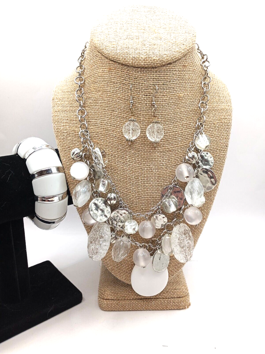 Mixed Jewelry Set of a Silver White Acrylic Necklace, Bracelet
