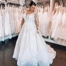 Plus Size Wedding Dresses Lace Appliques Illusion Long Sleeves A-Line Tulle