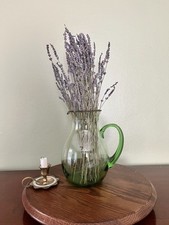 Vintage Green Glass Pitcher/Etched Floral & Dot Design / Hand Blown Jug