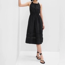 New GAP Black Halter Neck Midi Dress Lace Trim Gathered Waist ALine Size S