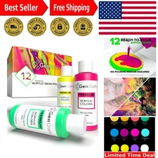 Ready to Pour Neon Acrylic Paint Set - 12 Colors, Perfect for All Surfaces