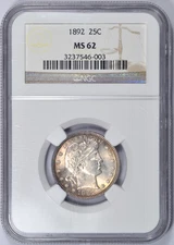 1892 BARBER QUARTER NGC MS62 NICE LUSTROUS COIN