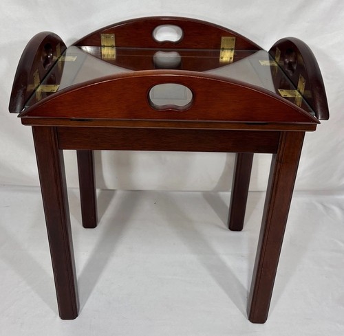 Vintage Bombay Company Mahogany Butler End Table Glass Top Folding Handles