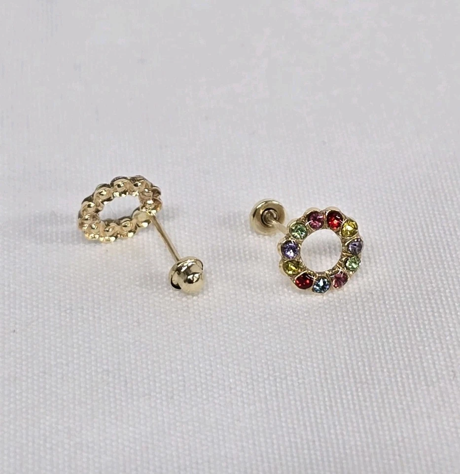 BROQUEL ORO 10K MEX. DONA Gold Earrings Donut CZ Stud Round Colorful Arete - Image 3 of 4