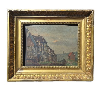 Antique Oil Painting Landscape Architecture Honfleur Norman House Half-Timbered